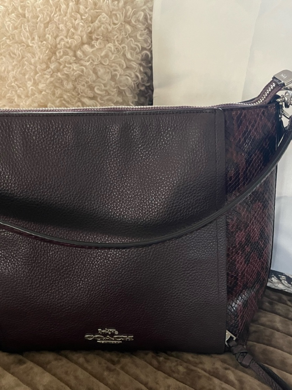 Coach Dark Plum Pebbled Leather Messenger with Snakeskin Trim